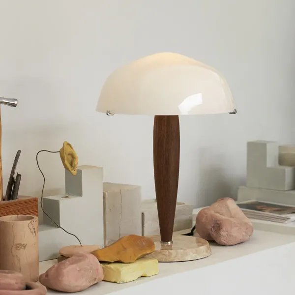 Lampes De Table^And Tradition Lampe A Poser Herman Shy3 - Noyer & Marbre Creme